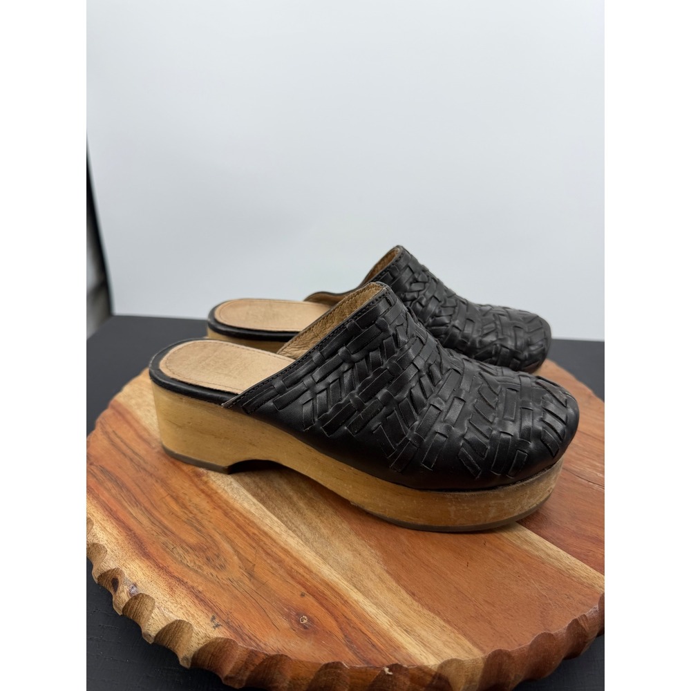 Ming Originals Rochi Woven Leather Clog Mule Women 38 Black Wood Platform